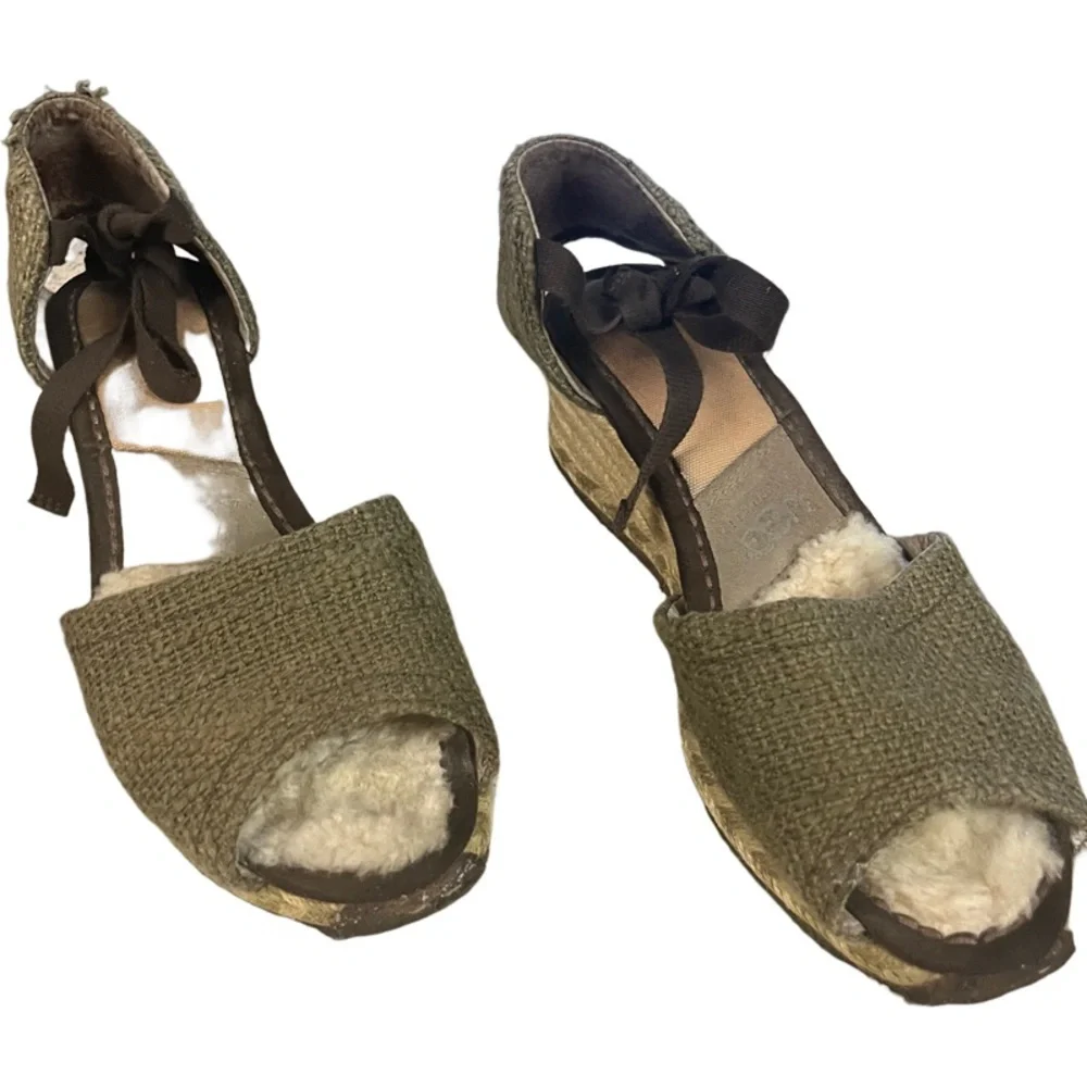 UGG AUSTRALIA 1652 Mar Espadrille Ankle Tie Wedge Woven Green Sandals Sz 7
